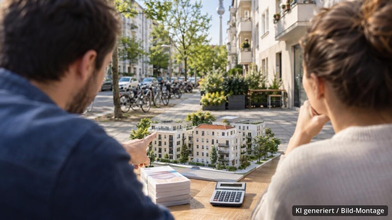 Wohnungsmodell, Geldstapel und Rechner vor Berliner Mietshäusern im Tageslicht