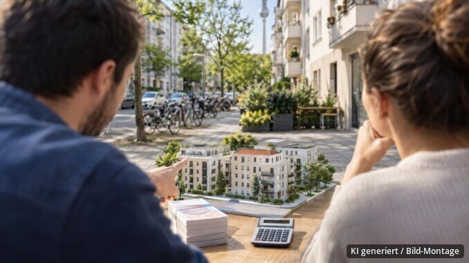 Wohnungsmodell, Geldstapel und Rechner vor Berliner Mietshäusern im Tageslicht